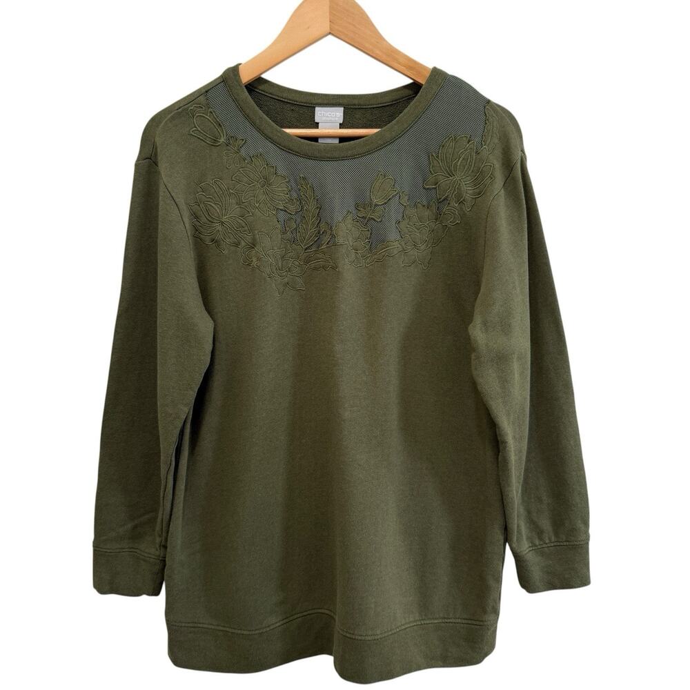 Chicos Zenergy Embroidered Garden Sweatshirt Sz M 1 US 8-10 Green‎ Floral Casual